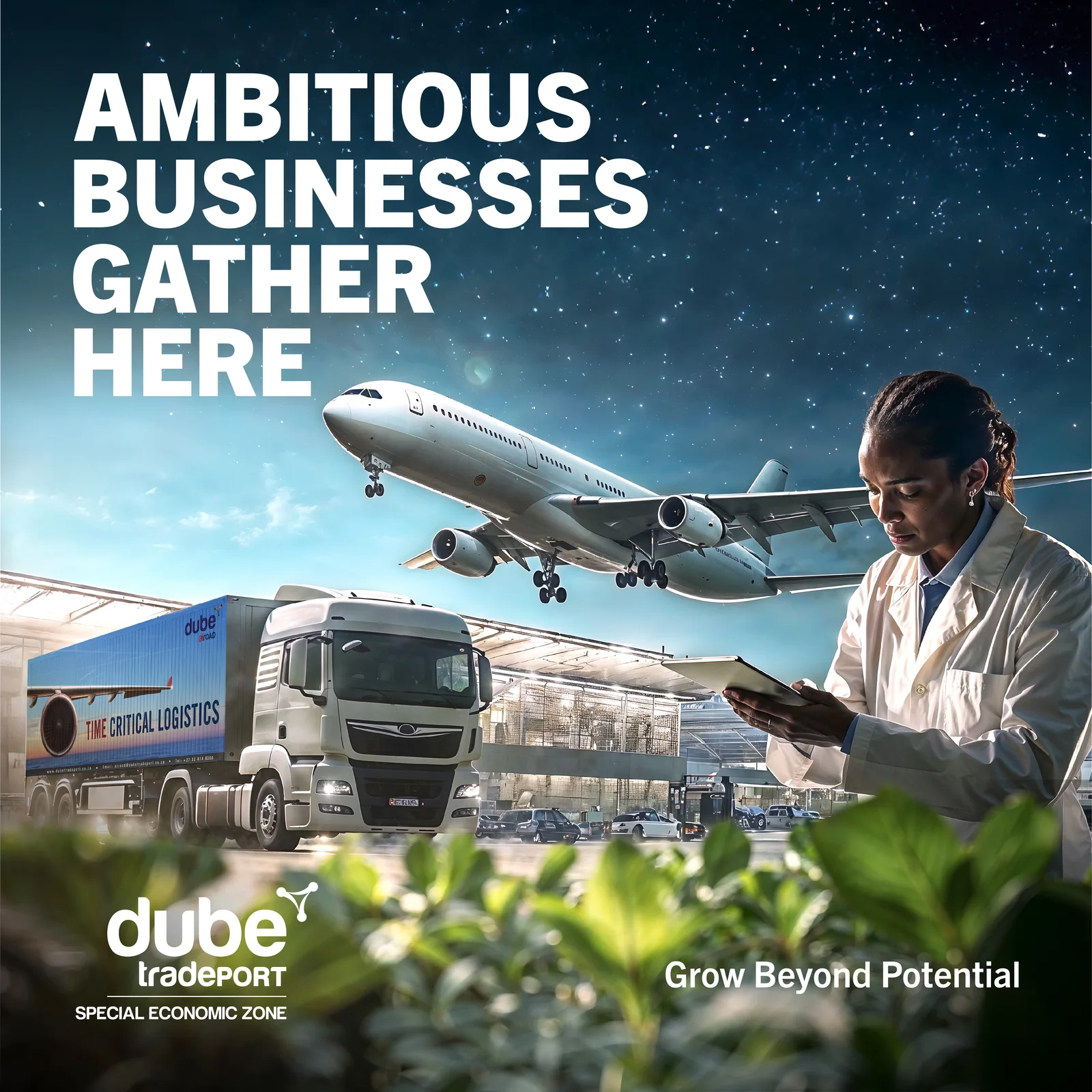 Original Dube TradePort campaign artwork with a plane, logistics truck and researcher beneath the message Ambitious businesses gather here