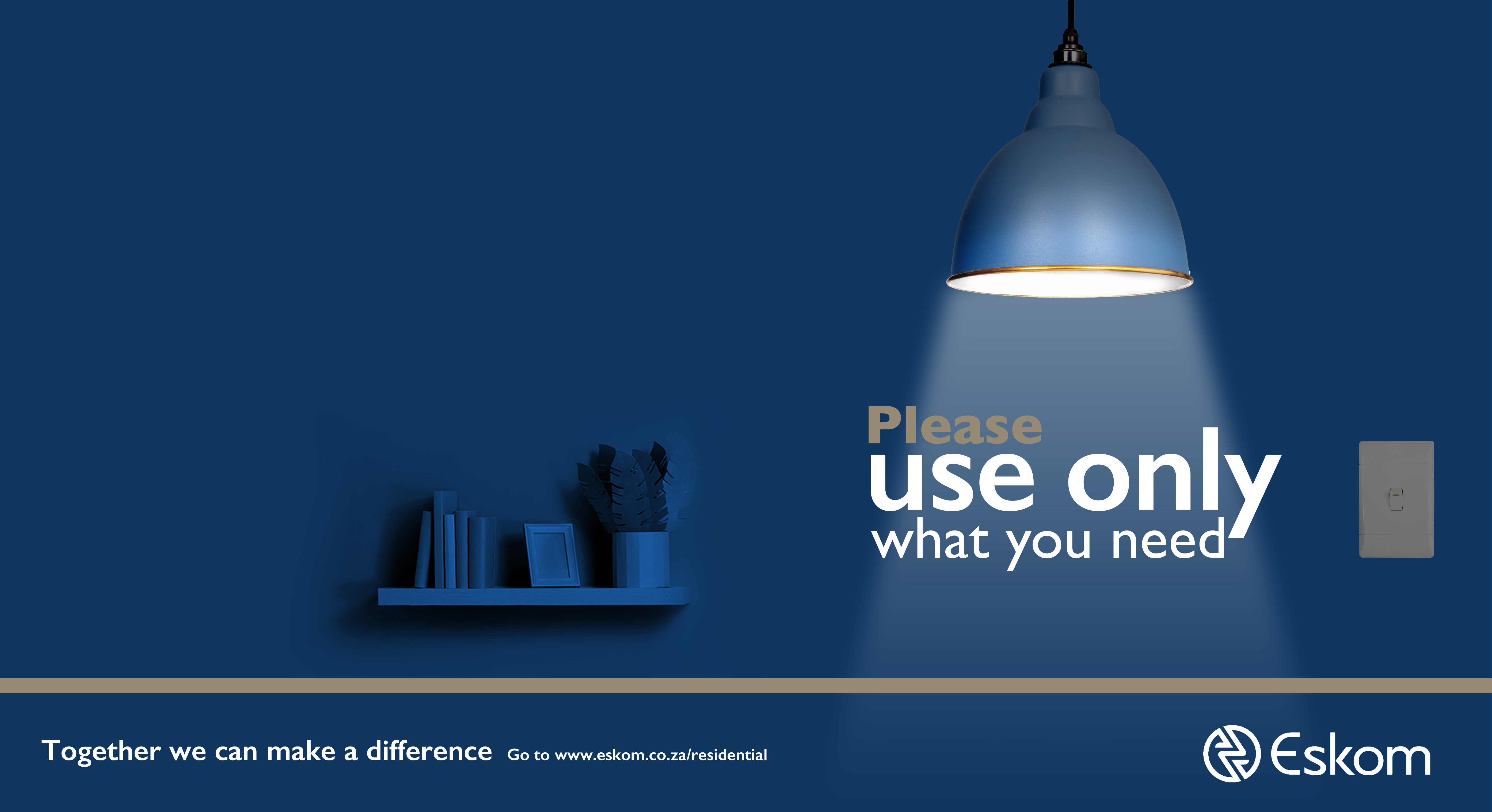 Original Eskom energy-awareness artwork showing a lit pendant lamp against a blue background and the message Please use only what you need