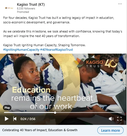 Kagiso Trust 40-year anniversary LinkedIn campaign preview featuring the message Education remains the heartbeat of our work