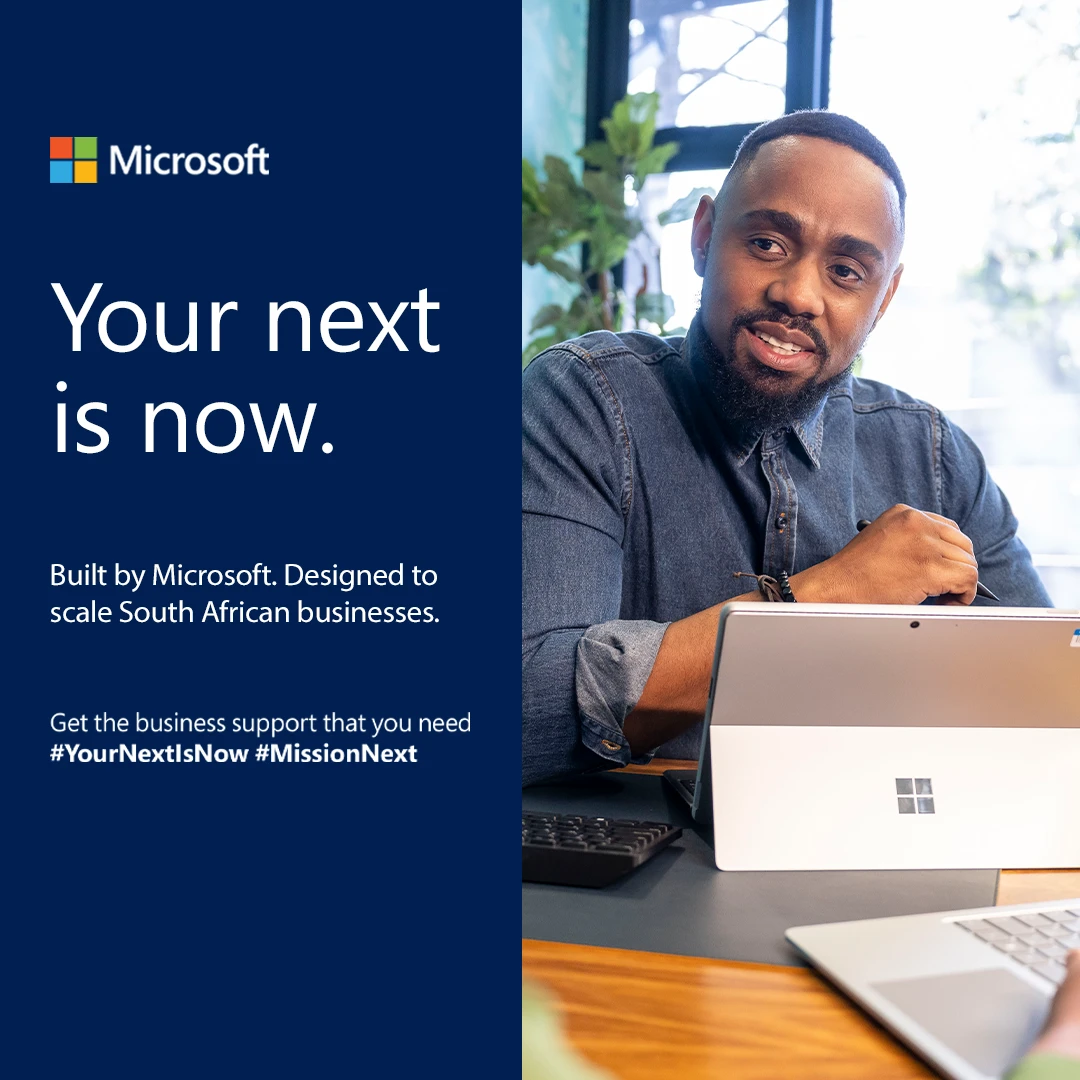 Approved Microsoft Mission Next campaign creative: Your next is now, with a business owner using a laptop