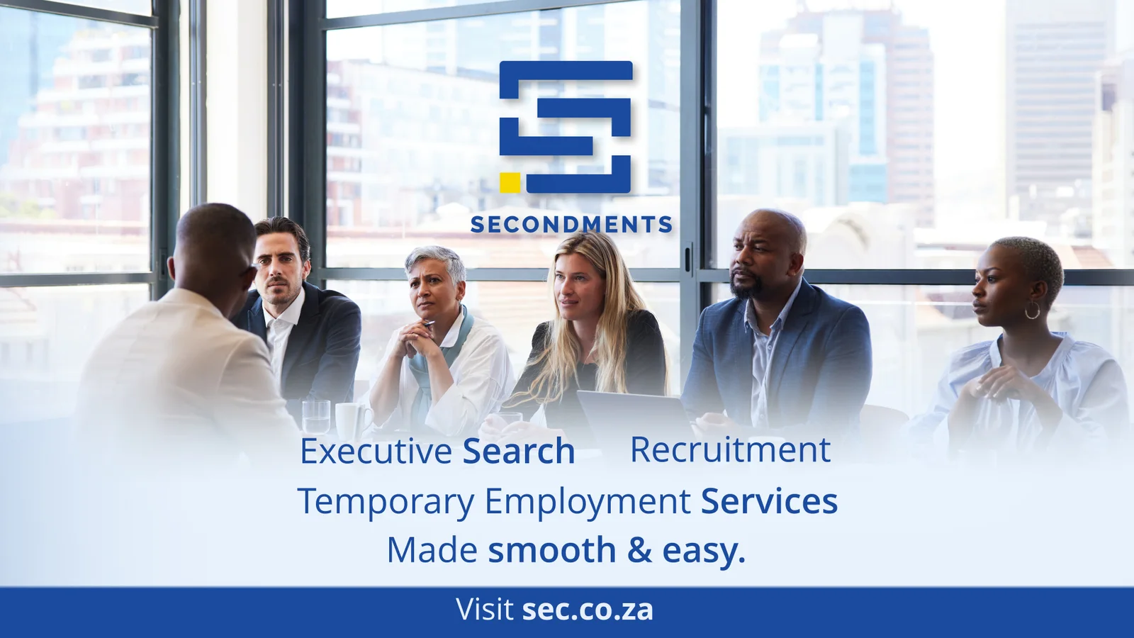 Original Secondments campaign artwork showing a team meeting and the services Executive Search, Recruitment and Temporary Employment Services